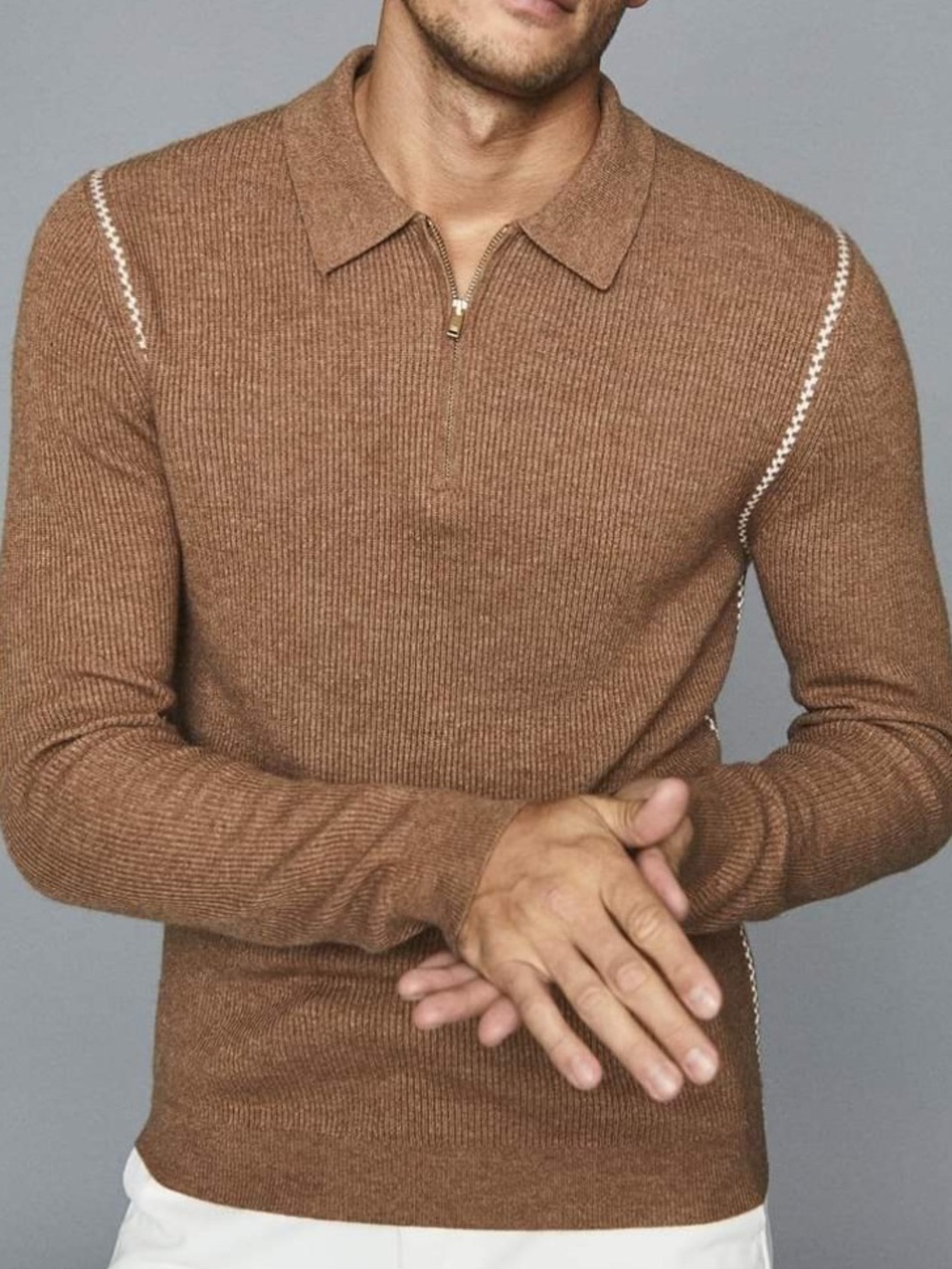 Reiss Maximo Sweater Knit Ribbed Polo Wool Alpaca 1/4 Zip Quiet Luxury Large